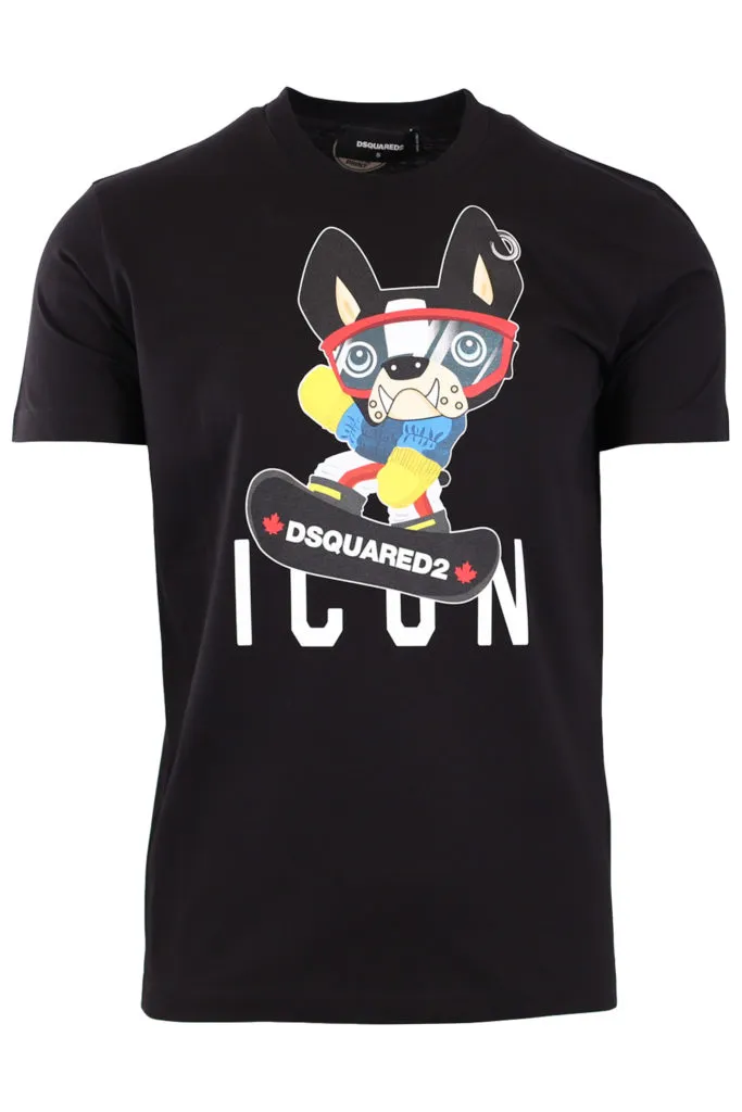 Camiseta negra con logo y estampado de perro