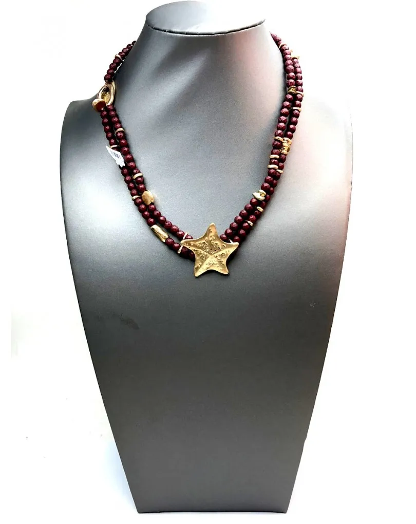 COLLARES CORTOS GRANATES CON ESTRELLA, COMPLEMENTO IDEAL PARA LLEVAR CON CAMISAS Y JERSEYS