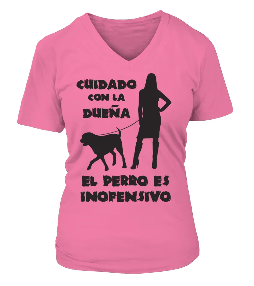 Cuidado con la dueña, el perro es inofensivo Camiseta cuello pico Mujer