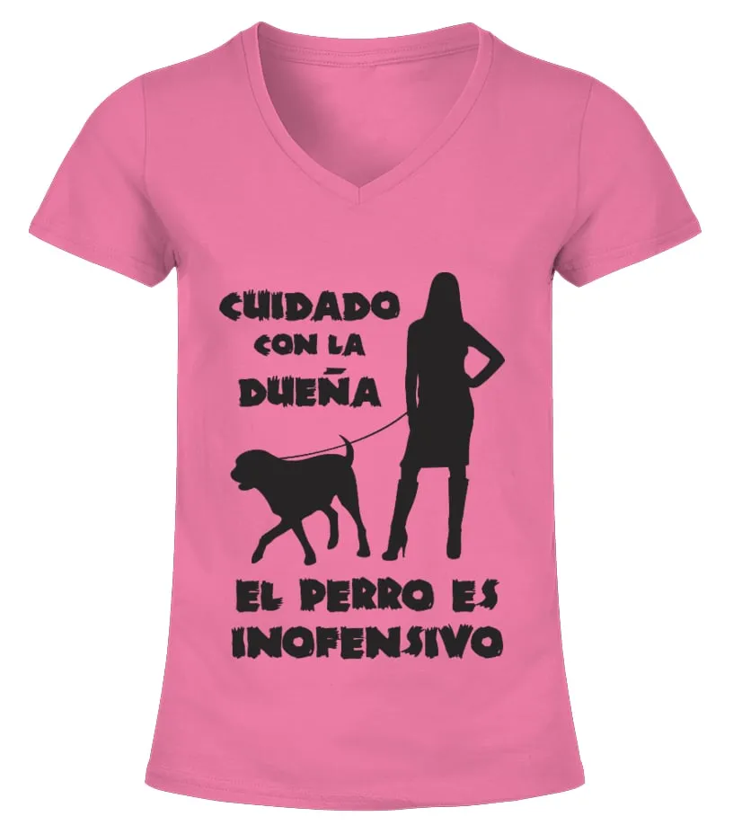 Cuidado con la señora el perro es inofensivo Camiseta cuello pico Mujer