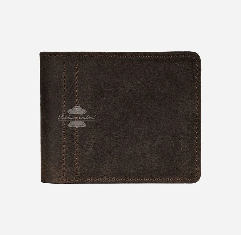 MENS BIFOLD WALLET CRAZY HORSE Brown CARD HOLDER RFID PROTECTED