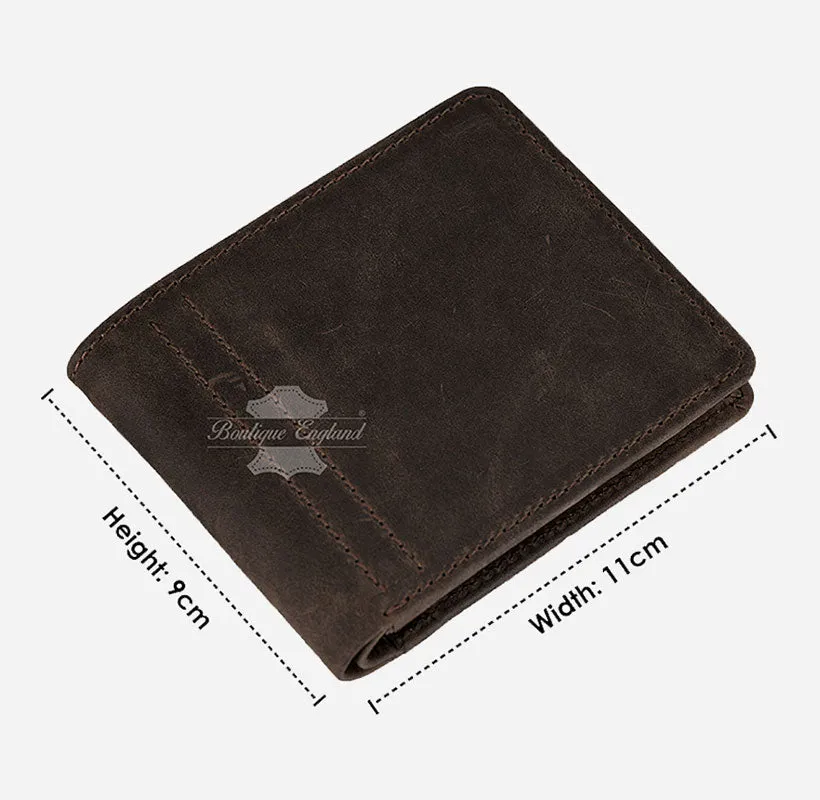 MENS BIFOLD WALLET CRAZY HORSE Brown CARD HOLDER RFID PROTECTED