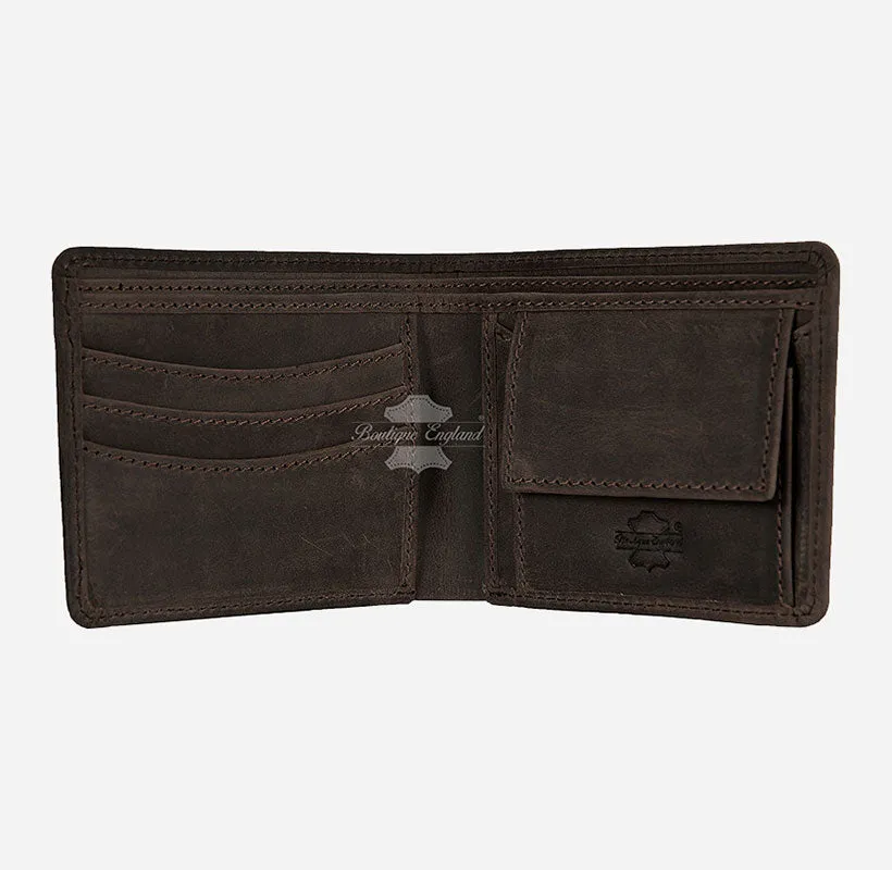 MENS BIFOLD WALLET CRAZY HORSE Brown CARD HOLDER RFID PROTECTED
