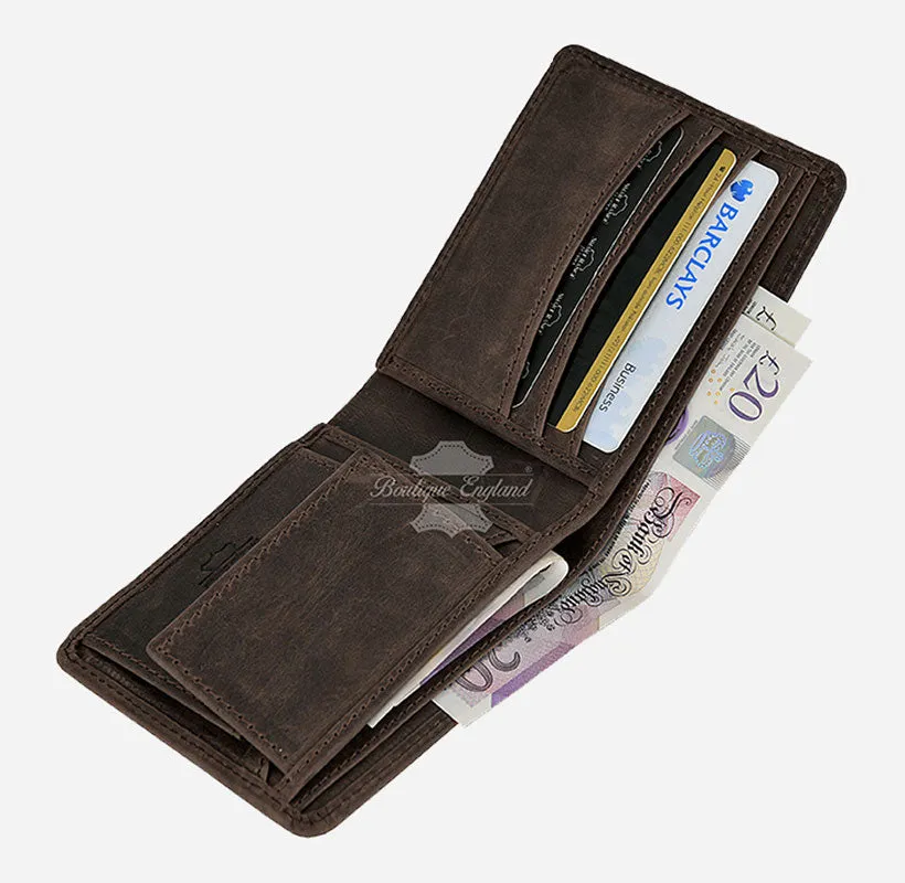 MENS BIFOLD WALLET CRAZY HORSE Brown CARD HOLDER RFID PROTECTED