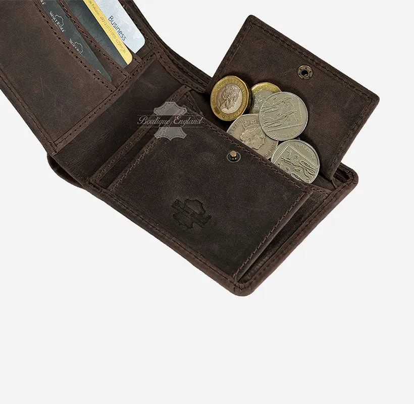 MENS BIFOLD WALLET CRAZY HORSE Brown CARD HOLDER RFID PROTECTED