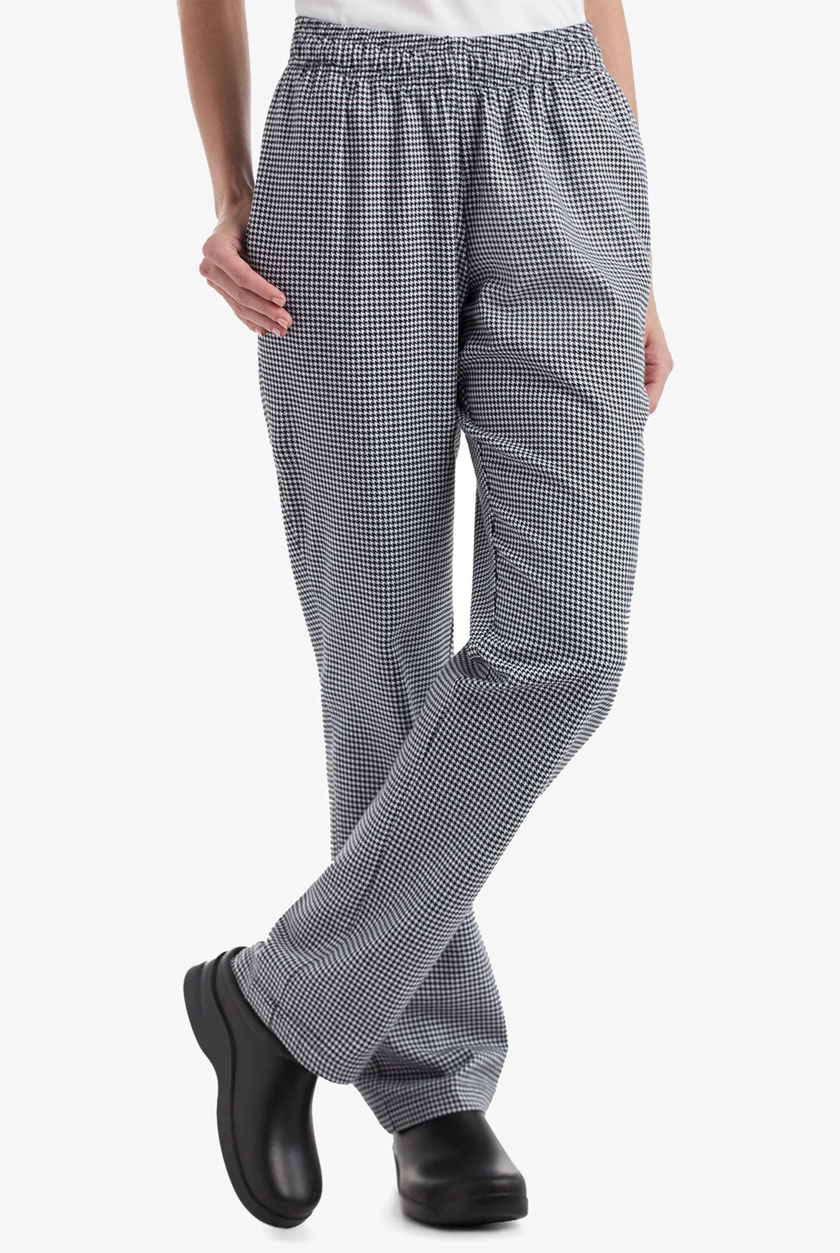 ON THE LINE HOUNDSTOOTH WHITE WOMEN'S 4POCKET TAPERED LEGS PRINTED CHEF PANTS