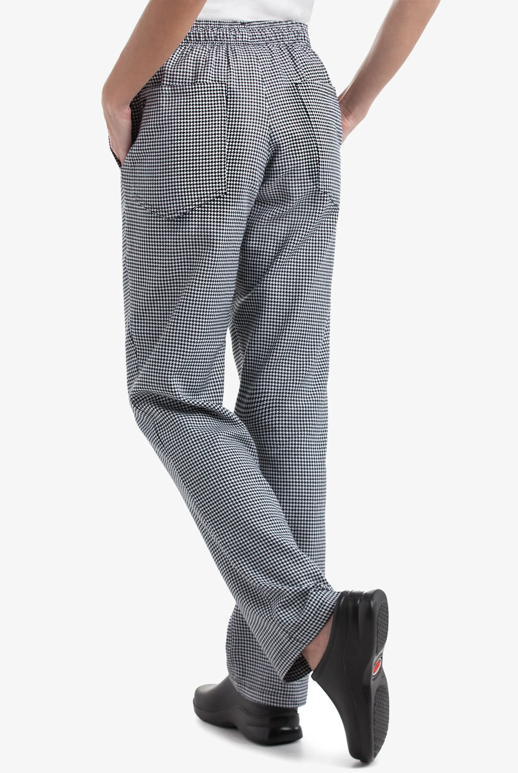ON THE LINE HOUNDSTOOTH WHITE WOMEN'S 4POCKET TAPERED LEGS PRINTED CHEF PANTS