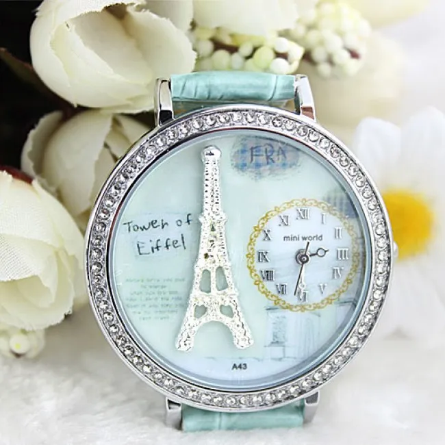Polymer clay cartoon rhinestones romantic Paris Crystal Tower retro watch