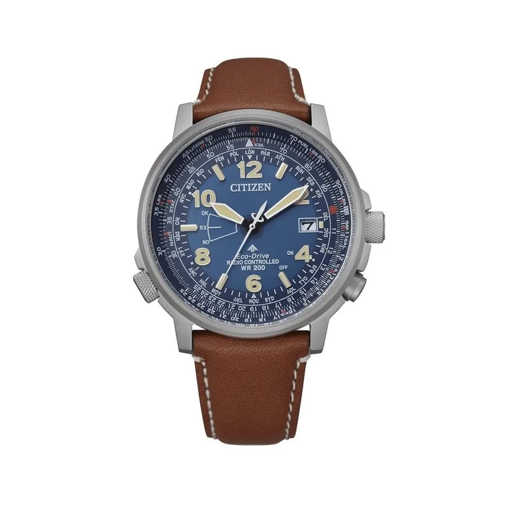 RELOJ CITIZEN ECODRIVE RADIO CONTROL ESFERA AZUL Y CORREA DE PIEL MARRóN