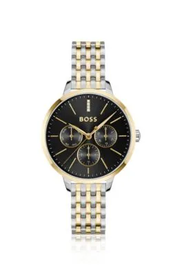 Reloj de acero en dos tonos con esfera negra y tachuelas de cristal