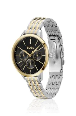 Reloj de acero en dos tonos con esfera negra y tachuelas de cristal