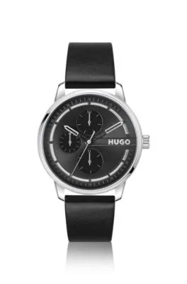 Reloj de acero inoxidable con esfera negra y correa de piel