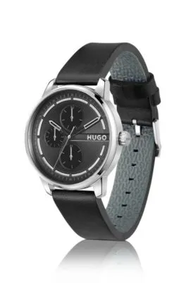 Reloj de acero inoxidable con esfera negra y correa de piel