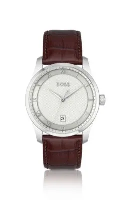 Reloj de esfera blanca y plateada con correa de piel
