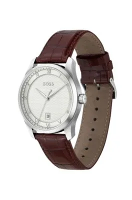 Reloj de esfera blanca y plateada con correa de piel