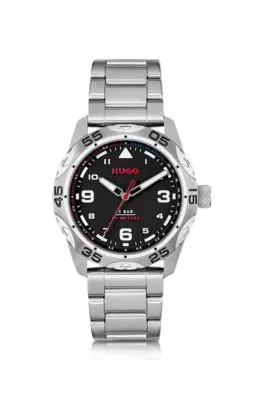 Reloj de esfera negra con pulsera de eslabones de acero inoxidable