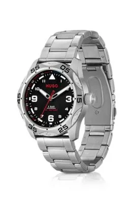 Reloj de esfera negra con pulsera de eslabones de acero inoxidable
