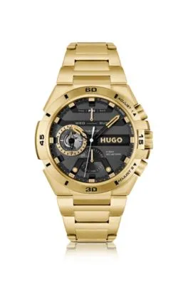 Reloj de esfera negra en acero dorado amarillo
