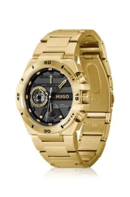 Reloj de esfera negra en acero dorado amarillo