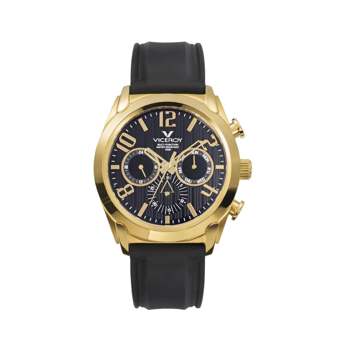 RELOJ DE HOMBRE MAGNUM MULTIFUNCIóN DE ACERO CON IP DORADO Y CORREA DE SILICONA NEGRA  VICEROY