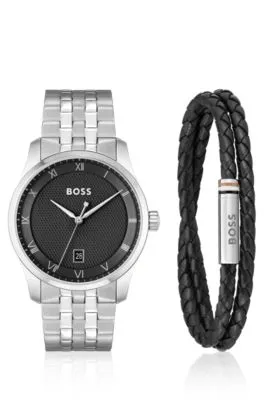Set de regalo con reloj de esfera moleteada y brazalete de piel trenzada