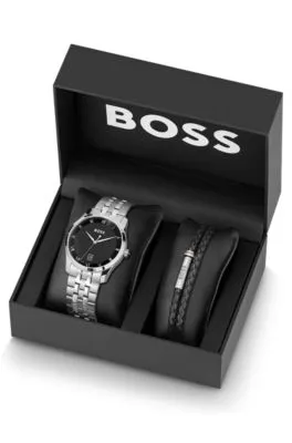 Set de regalo con reloj de esfera moleteada y brazalete de piel trenzada