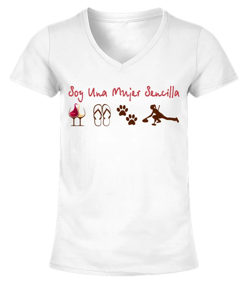 Soy una mujer sencilla (dibujos de chancletas, copas, , huellas de perro) Camiseta cuello pico Mujer
