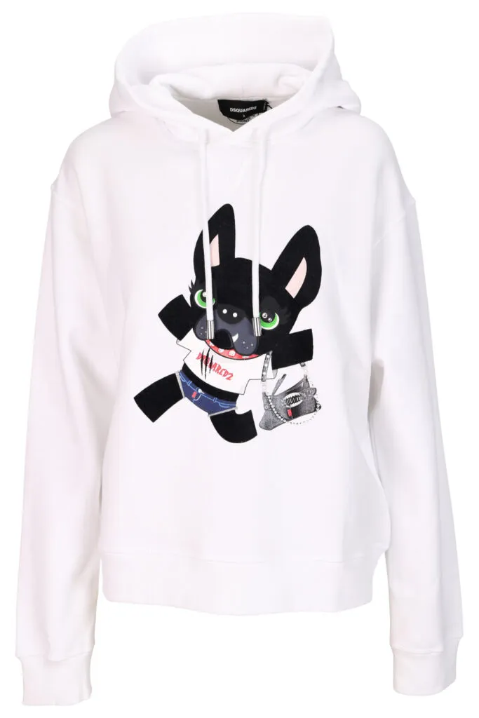 Sudadera blanca con capucha y maxilogo perro