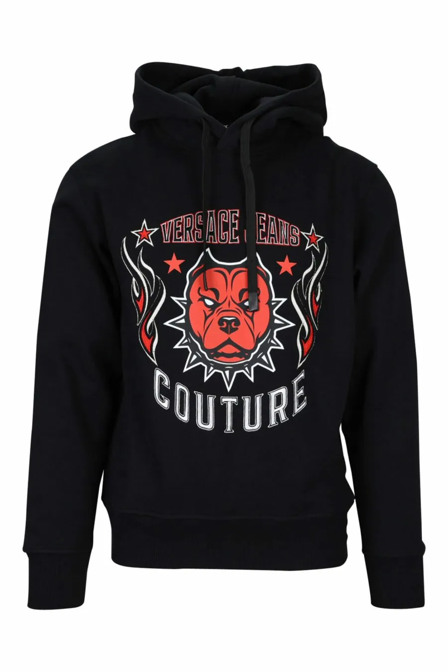 Sudadera negra con capucha y maxilogo  perro rojo