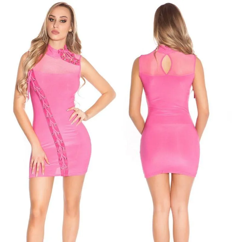 Vestido fucsia cordones entrelazados