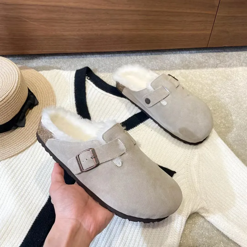 Zapatillas Boston Shearling Diseñador de moda Hombres Mujeres Cuero de Londres Gamuza de vaca Zapatillas Baotou Clásicos de lujo