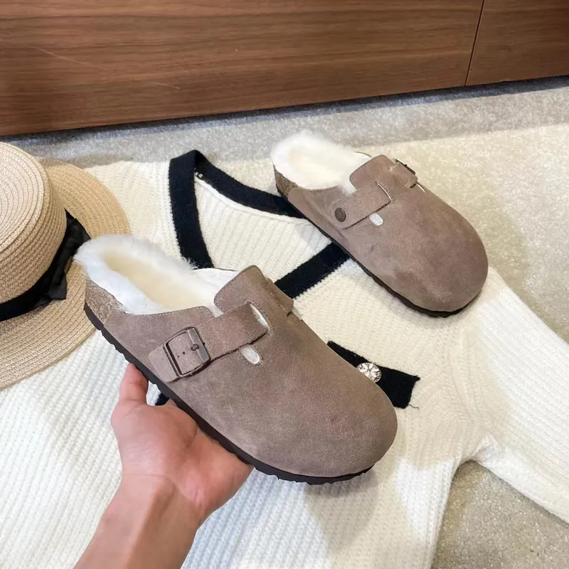 Zapatillas Boston Shearling Diseñador de moda Hombres Mujeres Cuero de Londres Gamuza de vaca Zapatillas Baotou Clásicos de lujo