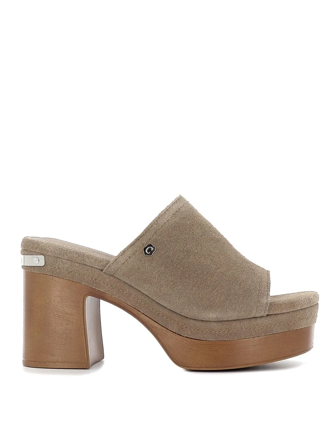 Zueco serraje taupe tacón ancho madera mujer CARMELA