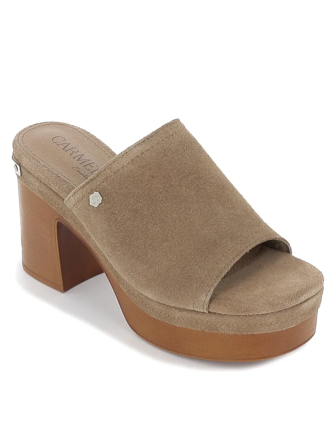 Zueco serraje taupe tacón ancho madera mujer CARMELA